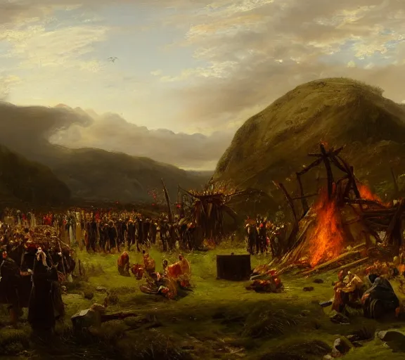 Image similar to landscape portrait of a funeral pyre by william sidney mount, trending on artstation