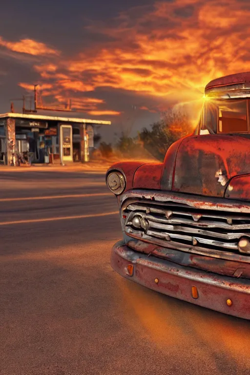 Image similar to a sunset light landscape with historical route 6 6, lots of sparkling details and sun ray ’ s, blinding backlight, smoke, volumetric lighting, colorful, octane, 3 5 mm, abandoned gas station, old rusty pickup - truck, beautiful epic colored reflections, very colorful heavenly, softlight