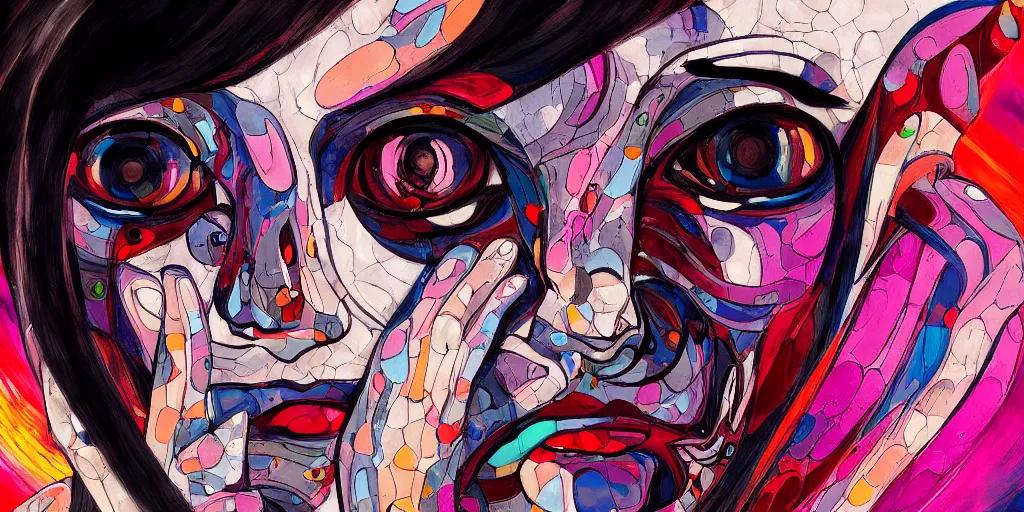 Prompt: abstract painting, cyborg woman crying, in the style of jin kagetsu and james jean, background by beatriz milhazes, highly detailed, face symmetry, masterpiece, sharp focus, realistic intricate concept art, dramatic lighting, 8 k