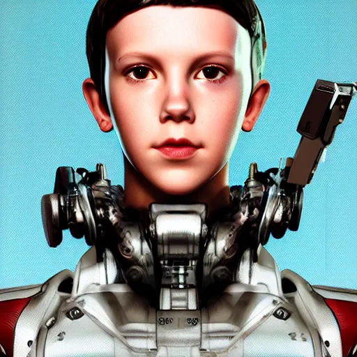 Prompt: Portrait of cyborg Millie Bobby Brown by Yoji Shinkawa, octane render