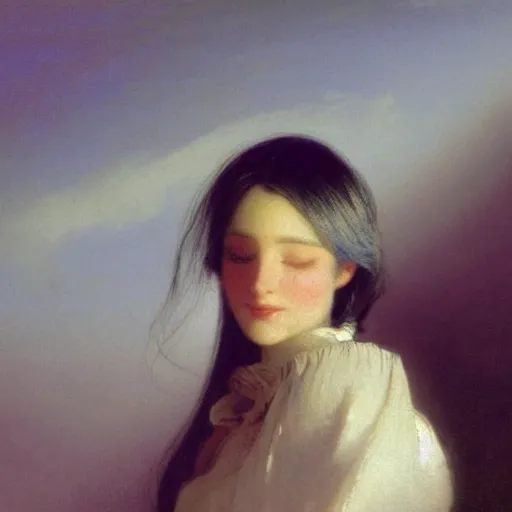 Image similar to a young woman's face, her hair is white and she wears an indigo blue satin cloak, by ivan aivazovsky and syd mead and moebius and gaston bussiere and roger dean and pieter claesz and paul delaroche and alma tadema and aelbert cuyp and donato giancola, hyperrealistic, volumetric light, octane render