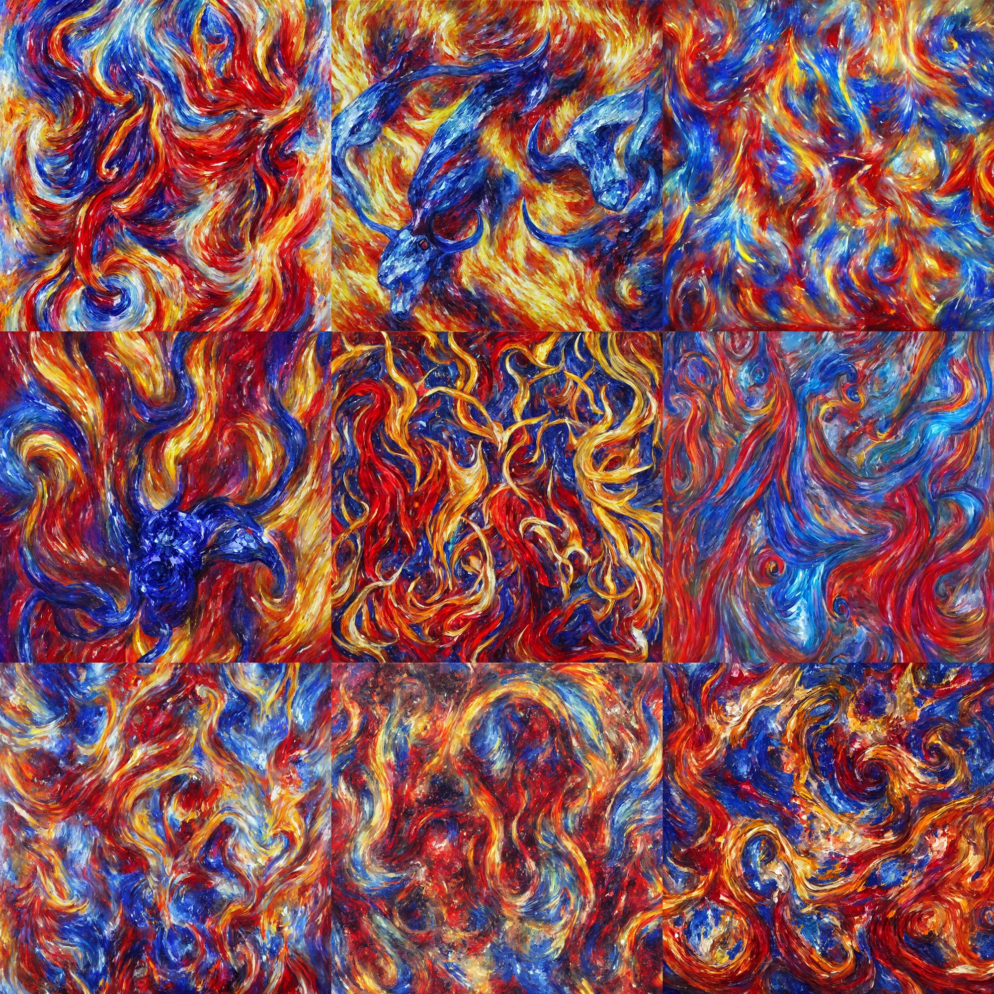 Prompt: Sapphire, horns, flames, diamond, ruby, full-length, oil painting , very detailed, painted by stability AI