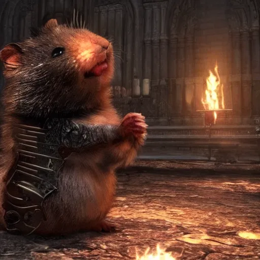 Prompt: a hamster in the video game Dark Souls 3