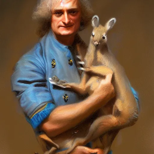 Image similar to portrait of isaac newton holding a baby kangaroo, artwork by gaston bussiere, craig mullins, trending on artstation