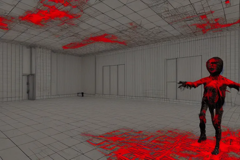 Image similar to cctv of an extremely dark empty room with evil horror humanoid cryptid monster made out of static, dark deep black shadows, crimson red and black color contrast in the style of trevor henderson and james ensor goya, liminal space, 3 d render, glitch effect