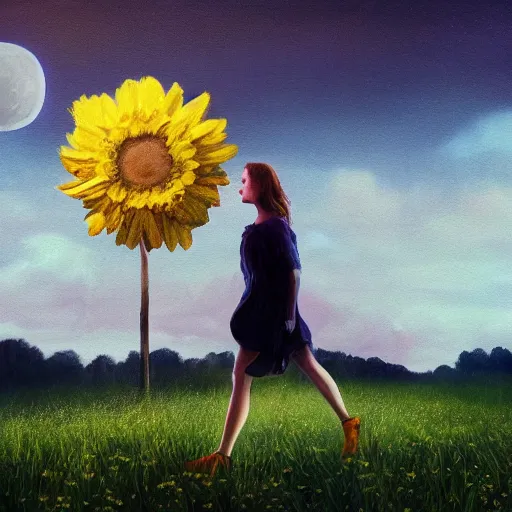 Image similar to giant daisy flower as a head, girl walking in field, surreal photography, moon light, dark night, dramatic, impressionist painting, clouds, digital painting, artstation, simon stalenhag
