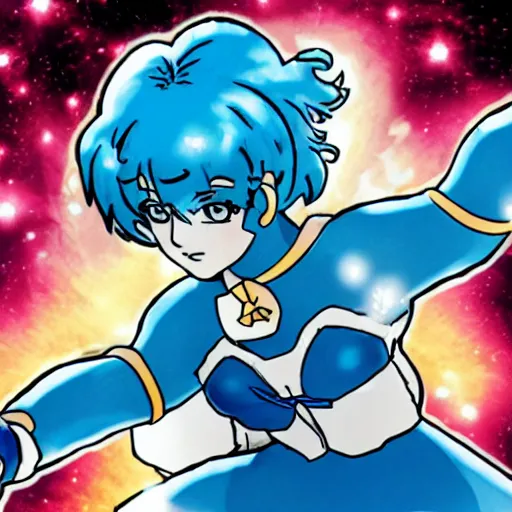 Prompt: Sailor Mercury fighting an earth golem