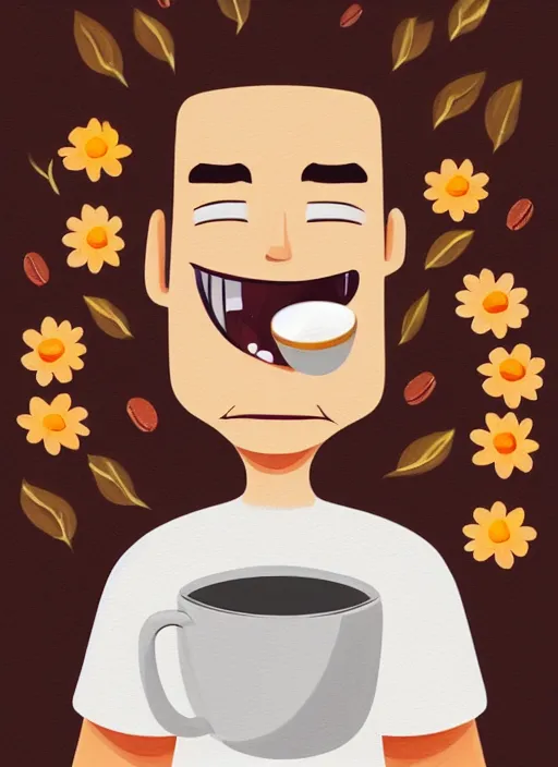 Image similar to a white young man drinking from a coffee cup, which is a brown flower, big smile, prominent big eyes, wise forehead, big lips, round portruding chin, background full of brown flowers, standout colours, thin sharp lines, digital painting, artstation, matte, sharp focus, illustration, moe artstyle