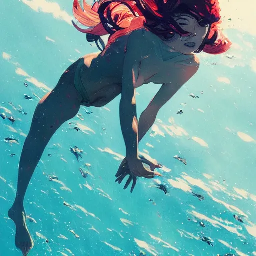 Image similar to a ultradetailed beautiful panting of a woman diving into the ocean, by conrad roset, greg rutkowski and makoto shinkai, trending on artstation