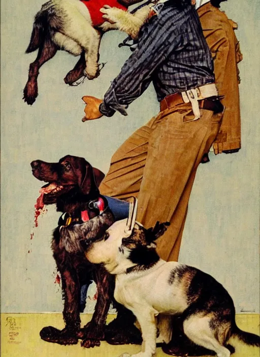 Image similar to a norman rockwell painting of an exploding dog