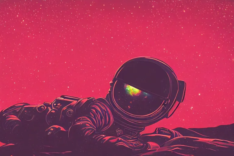 Image similar to an astronaut laying on mars in the style of flooko, acrylic art, detailed, moonlight, red lighting, bokeh, synthwave, psychedelic, glitch, neon,