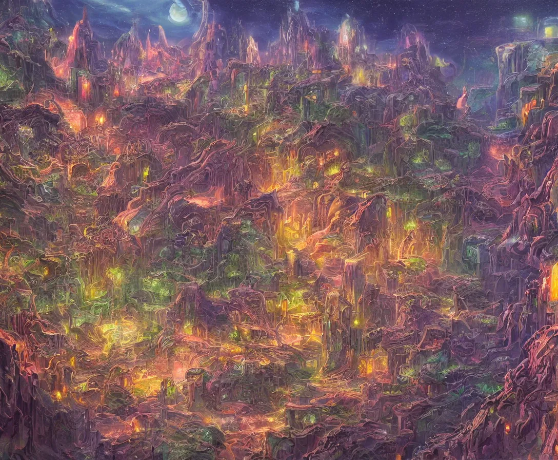 Image similar to detailed painting of an intricate fantasy sci-fi-world, colorful, dreamy