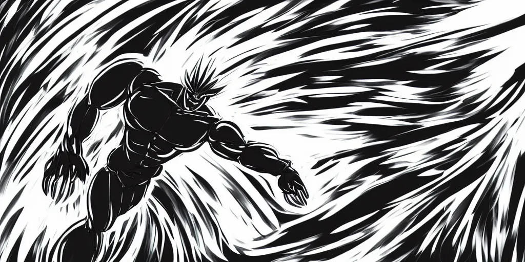 Prompt: a simple black and white pencil storyboard of a giant humanoid athletic sleek futuristic humanoid android powering up as small floating particles swirl around it, lines of energy, going supersaiyan