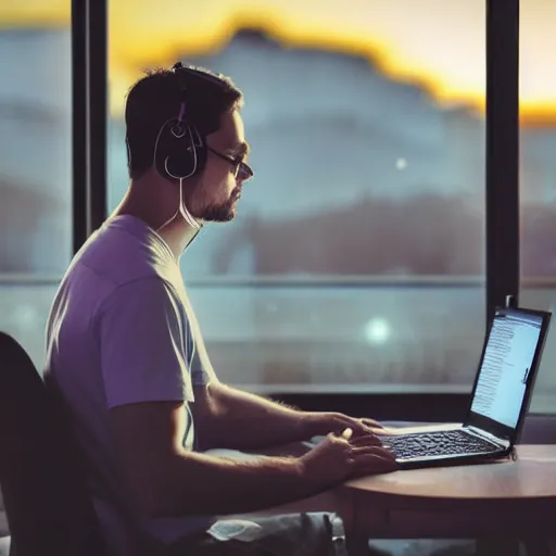 Image similar to friendly avatar computer programmer working late at night sunset outside window headphones terminal