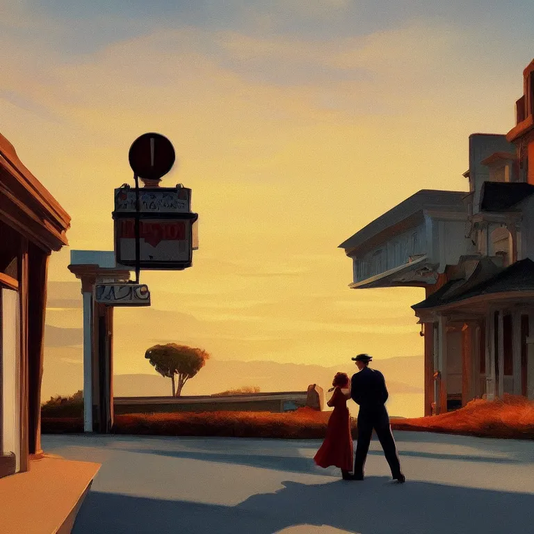 Prompt: a storybook illustration of a couple in car driving into the sunset scene painted by Edward Hopper masterpiece, intricate, elegant, fantasy, highly detailed, digital painting, concept art, sharp focus, artstation