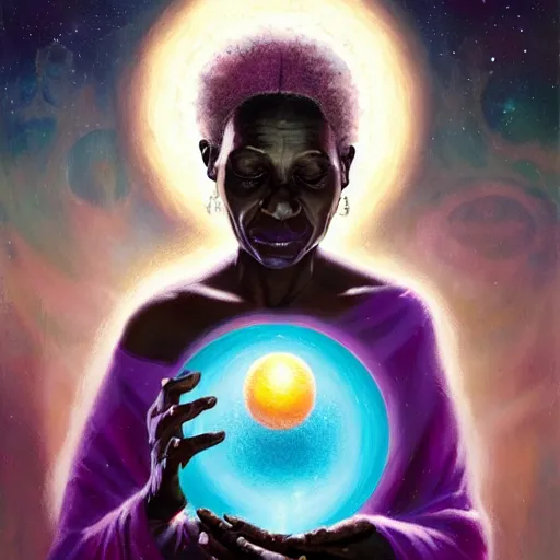 Image similar to an elder african psychic woman reading her crystal ball while holding a book of spells under a meteor shower, greg rutkowski and android jones and amanda sage, oil on canvas, 8k