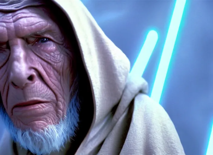 Image similar to young leonard nimoy as obi - wan kenobi, wearing a robe, in star wars : the force awakens ( 2 0 1 5 ). movie still