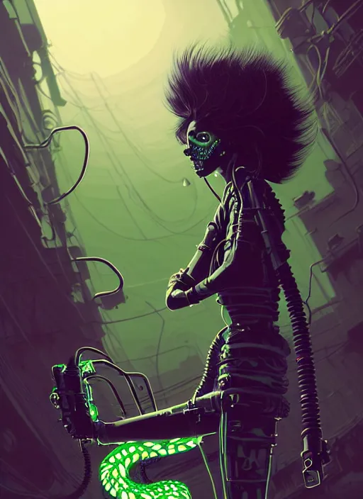 Image similar to highly detailed portrait of an moody wasteland punk long dripping green poison hair tribal lady, stray wirey rubber hoses by atey ghailan, james gilleard, by joe fenton, by greg rutkowski, by greg tocchini, by kaethe butcher, 4 k resolution, gradient purple, brown black and white color scheme!!! ( ( green flaming robotic sewer background ) )