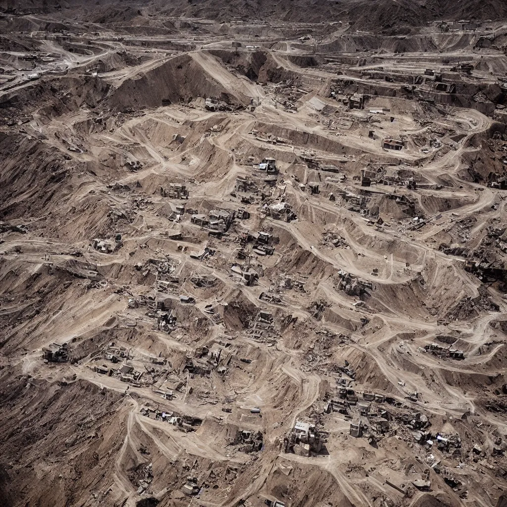 Image similar to mining tailings burying the city of chuquicamata by piranesi, composition, cinematic, rule, grid