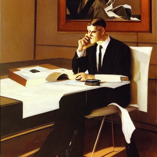 Image similar to man in desk with coffee and black suit by leyendecker and dean cornwell, 8 feet from the camera, 6 0 ´ s bauhaus design futurist furniture