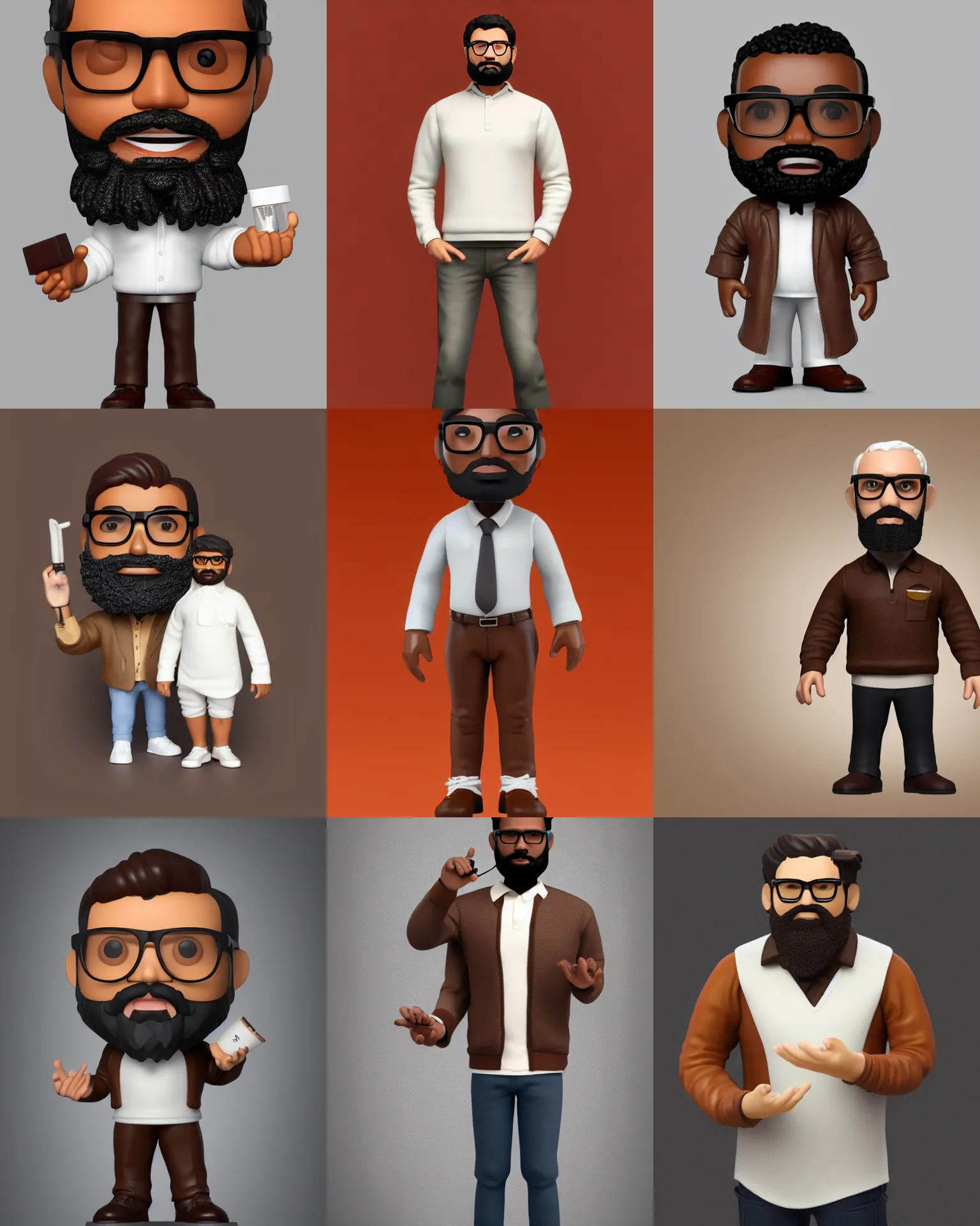 Prompt: full body 3d render of brown man with beard, glasses, tobacco brown pullover with white shirt collar as a funko pop!, studio lighting, grey background, single body, no shadow, blender, trending on artstation, 8k, highly detailed