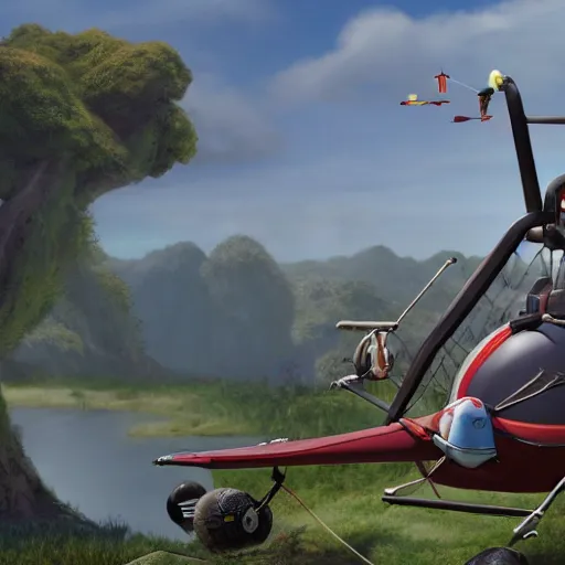 Image similar to pudge hooking gyrocopter with chen helping in background, unreal 5, high detailed, fantasy matte painting, super wide angle