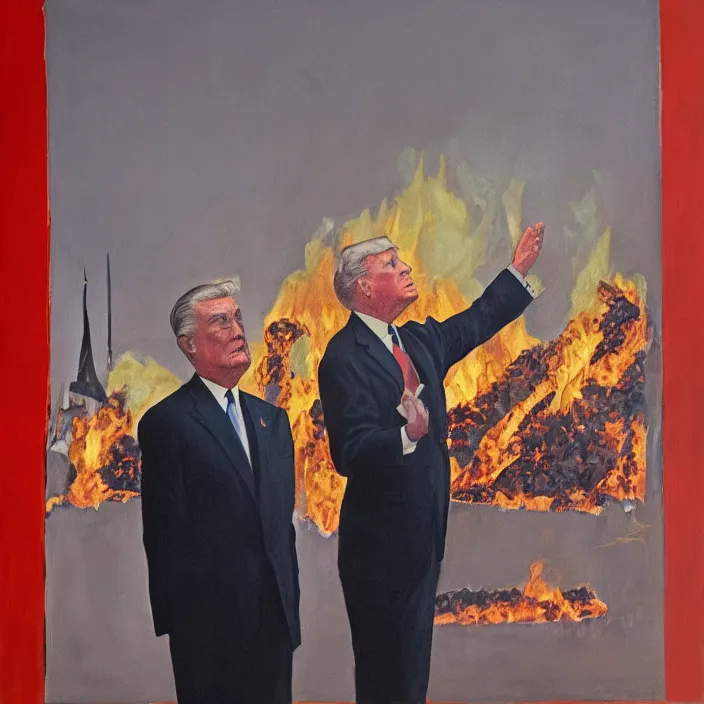 Prompt: United States President viewing the Capital Burn, 1958, Oil on Canvas, Antiwar, full body, dramatic, digital art