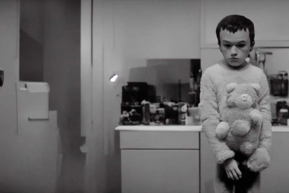 Prompt: a sad boy wearing a teddy bear costume standing behind a drawer still movie scene kubrick, moody, cinematic, lighting