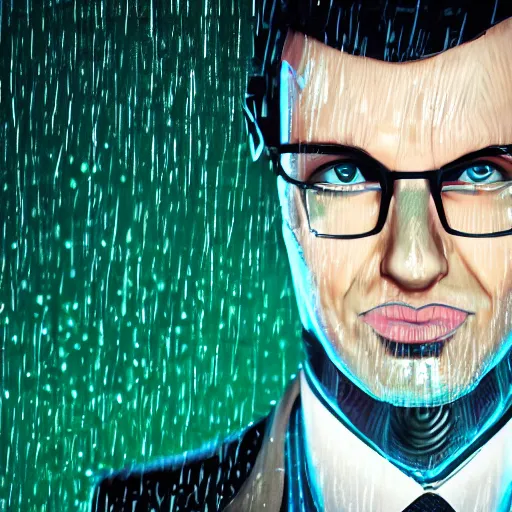 Image similar to epic cartoon portrait made out of rain, pinstripe suit, short hair, galactic background, rendered in octane, unreal engine, highly detailed, trending on artstation, realistic, splashes of neon, beautiful