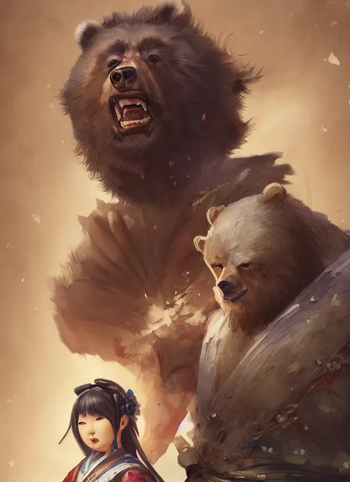 Image similar to japanese girl and a samurai werebear, d & d, fantasy, portrait, highly detailed, digital painting, trending on artstation, concept art, sharp focus, illustration, art by artgerm and greg rutkowski and magali villeneuve