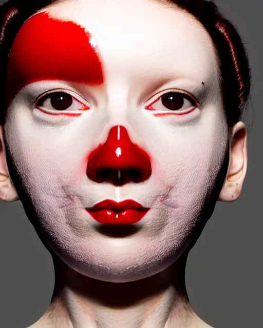 Prompt: symmetrical close - up portrait of a woman wearing a red silicone beauty mask and hair buns, wearing a black bodysuit by alexander mcqueen, cream white background, soft light, biotechnology, humanoide robot, bjork aesthetic, translucent, by rineke dijkstra, masterpiece,