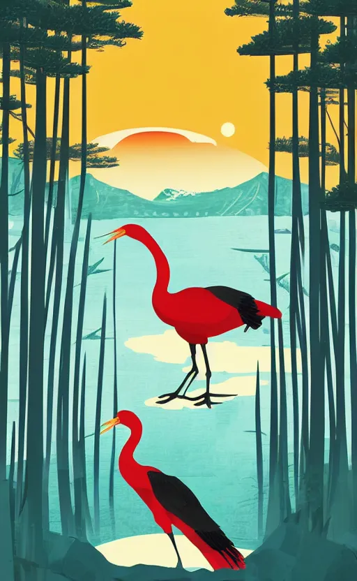 Prompt: hanafuda, a huge japanese crane bird is chilling above a lake in the middle of a forest of japanese pines, a big red sun in the background, front game card, vector line art, trending on behance, concept art, stunning, matte