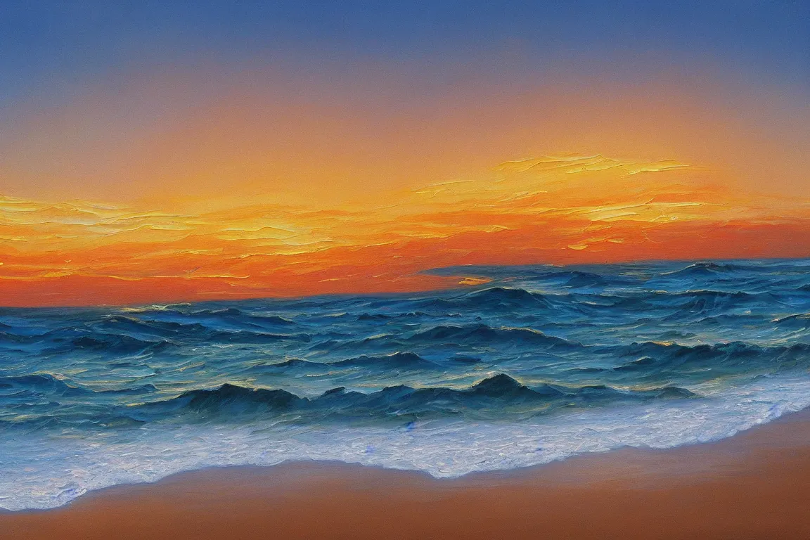Prompt: popular decorative art oil painting with contrasting composition, sunset with sea waves on beach, millennium
