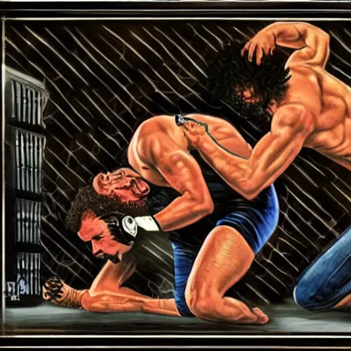 Prompt: Joe Rogan and Howard Stern wrestling, intricate, highly detailed, concept art, smooth, sharp focus