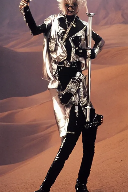 Image similar to portrait billy idol dressed in 1 9 8 1 space fantasy fashion, avante garde, shiny metal, standing in a desert