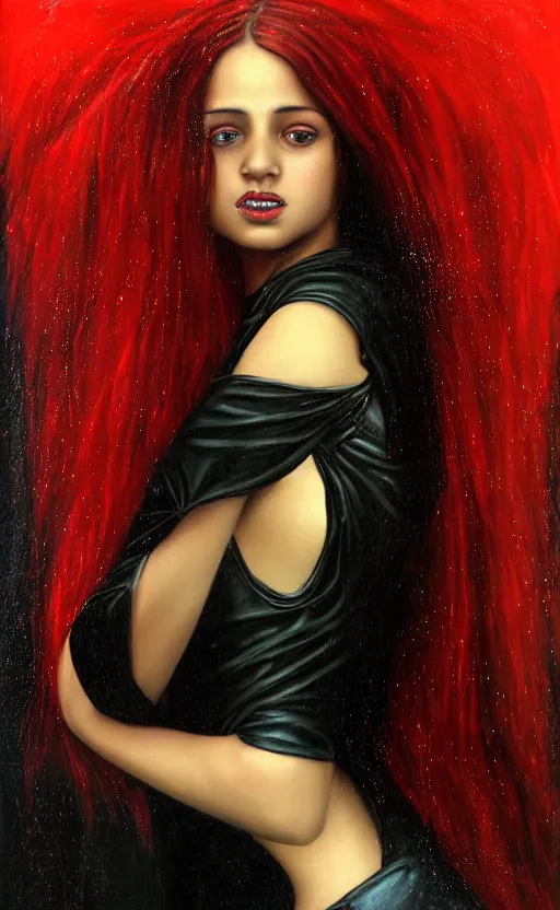 Image similar to portrait of a girl with long red hair in a black dress, under water, very beautiful style, girl wrapped in leather salwar bag black, photorealism jared french, george tucker