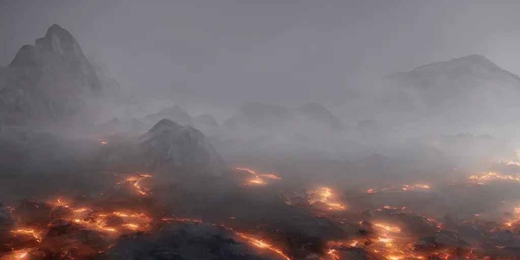 Image similar to mount olympus, fog, amazing lightning art, fog, octane render, ray tracing, realistic fire sharp focus, long shot, 8 k resolution, cinematic