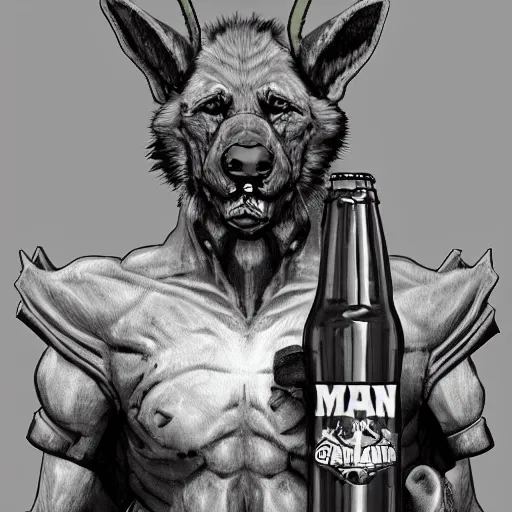 Image similar to a humanoid german shepherd beast - man in military style, holding a bottle of beer, artstation, concept art, smooth, sharp foccus ilustration, artstation