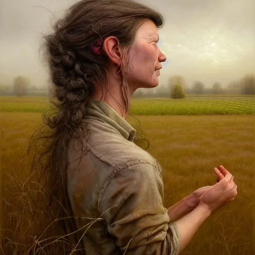 Image similar to full body portrait of a female farmer, untidy hair, highly detailed, dirty face, next to a red barn, digital painting, artstation, concept art, soft focus, depth of field, artgerm, tomasz alen kopera, peter mohrbacher, donato giancola, joseph christian leyendecker, wlop, boris vallejo