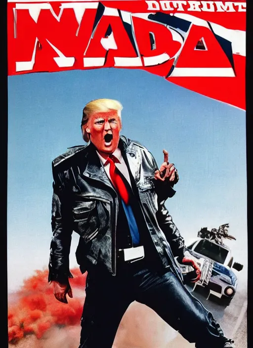 Image similar to an 8 0's john alvin action movie poster starring donald trump mad max. explosions