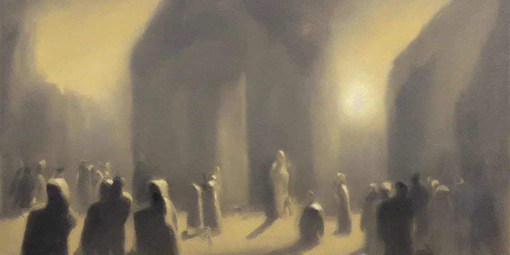 Image similar to tonalist painting of monolithic cycladic sculpture of chickadee, payne's grey and azo yellow, dramatic lighting, adoring crowds below