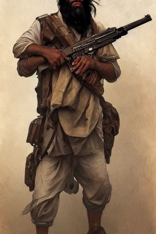 Image similar to male cottagecore taliban leader holding a kalashnikov rifle. intricate, elegant. highly detailed, digital painting, artstation, concept art, smooth, sharp, focus, illustration.. art by artgerm and greg rutkowski and alphonse mucha