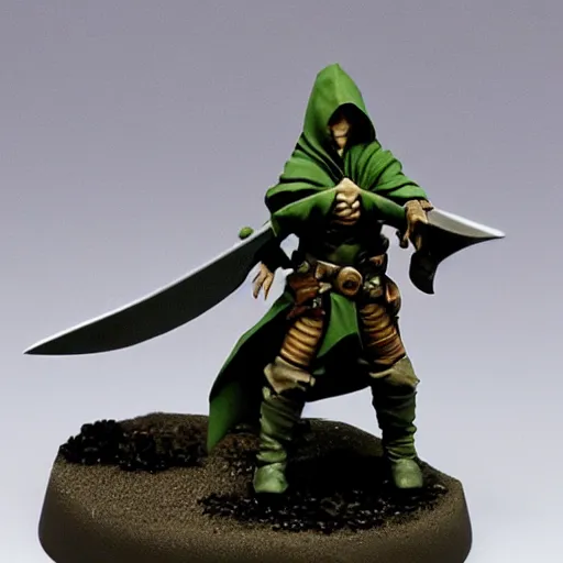 Prompt: a rogue from d&d, hooded, uplit, highly detailed, armed with two swords