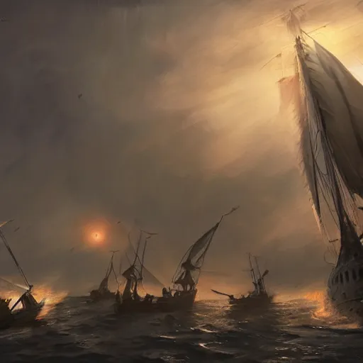 Image similar to knights dismounting off their sailing attackship to invade a moderate sized village, dusk, cinematic, concept art, slight fog, high detail, wide shot, dynamic lighting, sharp focus, high resolution