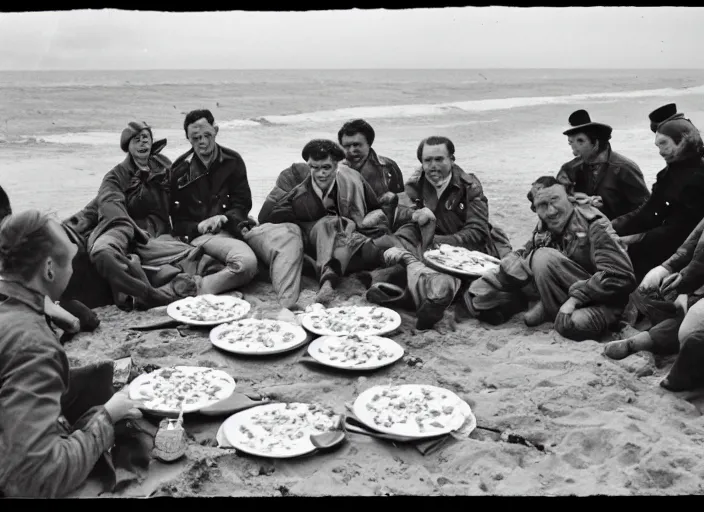 Image similar to vintage photo of a pizza party on omaha beach in normandy