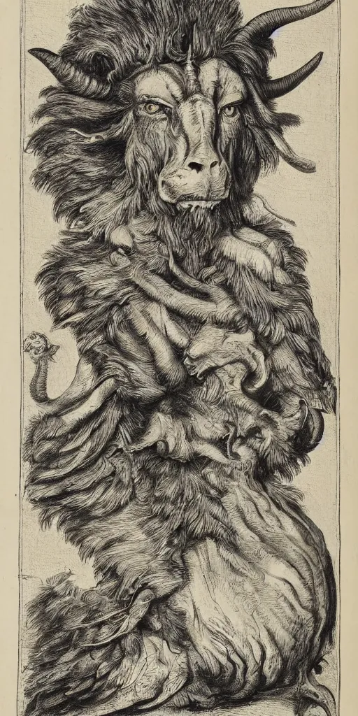 Image similar to a creature with the body and eyes of a man, with the beak of an eagle, the mane of a lion, and the horns of an ox. drawn by francis bacon