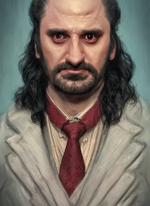 Image similar to portrait of Nandor from What We Do in the Shadows (2019), highly detailed, centered, solid color background, digital painting, artstation, concept art, smooth, sharp focus, illustration, artgerm, donato giancola, Joseph Christian Leyendecker, Les Edwards, Ed Repka, WLOP, Artgerm