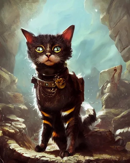Prompt: oil painting of anthropomorphized tricolor cat, detective clothes, close shot, full body, dark steampunk mine shaft background, sharp focus, fantasy style, octane render, volumetric lighting, 8k high definition, by greg rutkowski, highly detailed, trending on art Station, dungeons and dragons artwork, centered