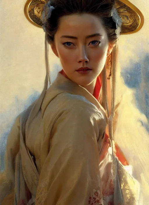 Image similar to detailed portrait of amber heard wearing hanfu, natural light, painting by gaston bussiere, craig mullins, j. c. leyendecker