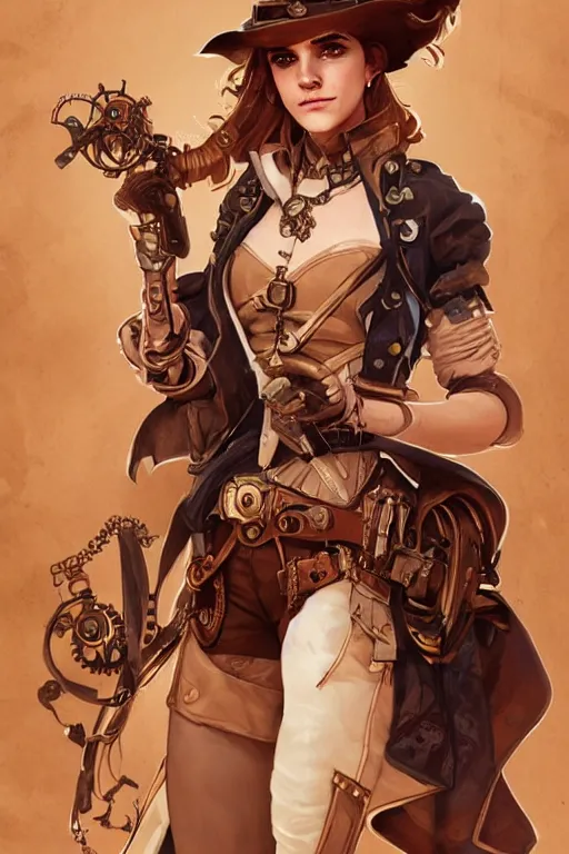 Image similar to emma watson as steampunk half - cyborg, western cowgirl, high fantasy, dnd, smooth, sharp focus, illustration, highly detailed, digital painting, artstation, concept art, by disney animation, rossdraws, alphonse mucha, frank fanzzeta, collectible card art